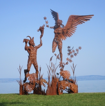 Huge garden statuette Pan and Syrinx rusty iron
